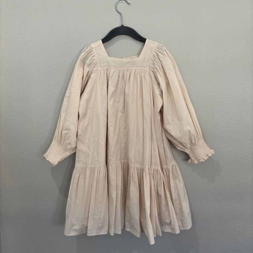 Monbebe cream long sleeve dress, smocking at cuffs, eyelet on yoke